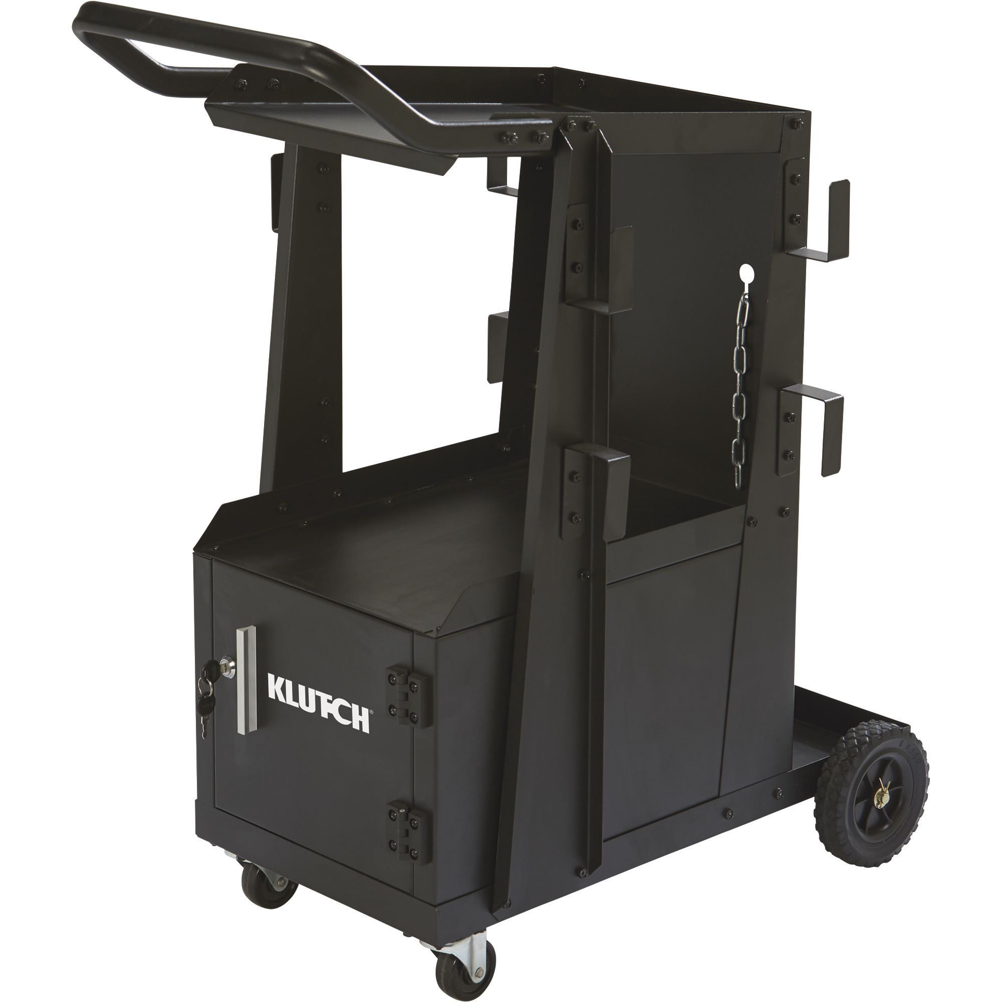 Please see replacement item# 106980. Klutch 2-Tier Welding Cart with Locking Cabinet, 27 1/4in.L x 18 3/4in.W x 35 3/4in.H